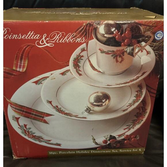 Vintage Poinsettia & Ribbon Porcelain 16pc Dinnerware Set Place Setting For Four - Picture 1 of 6